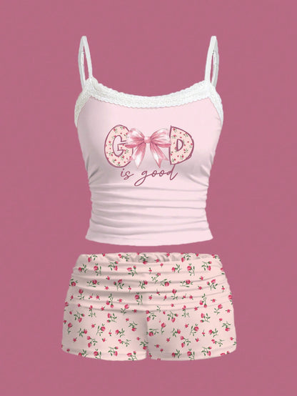 SHEIN EZwear Conjunto de 2 piezas de top de encaje con estampado floral "Dios es bueno" y shorts fruncidos para mujer, adecuado para el verano