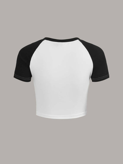 ROMWE Grunge Punk Camiseta de manga corta de estilo casual de verano con estampado de esqueleto y color contrastante