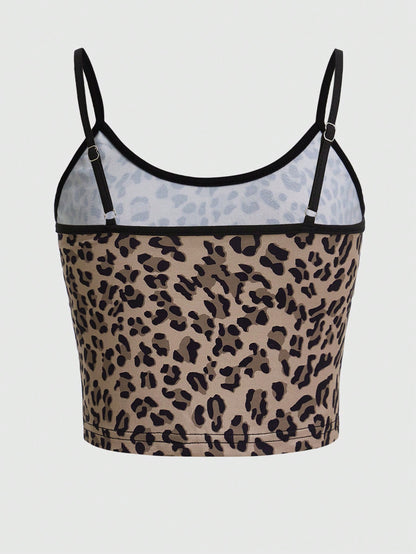 ROMWE Grunge Punk Top de tirantes con estampado de leopardo unido en contraste