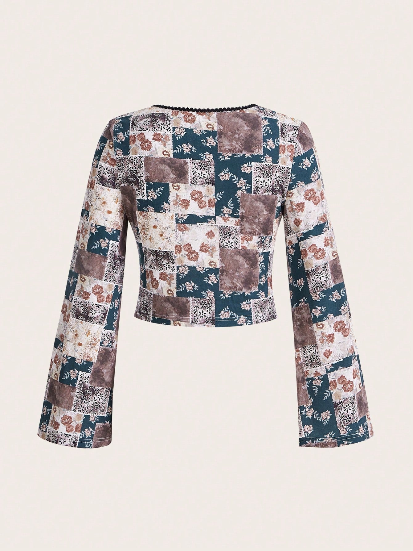 ROMWE Hippie Camiseta De Manga Larga Y Cuello En V Con Estampado De Patchwork