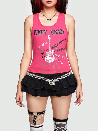 ROMWE Avant Camiseta Sin Mangas Con Espalda Recortada Y Estampado De Guitarra Y Letras Para Mujer