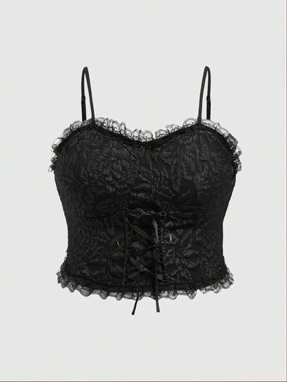 ROMWE Goth Camiseta Floral Jacquard Con Tirantes Cruzados Y Encaje De Gran Tamaño Y Estilo De Vacaciones