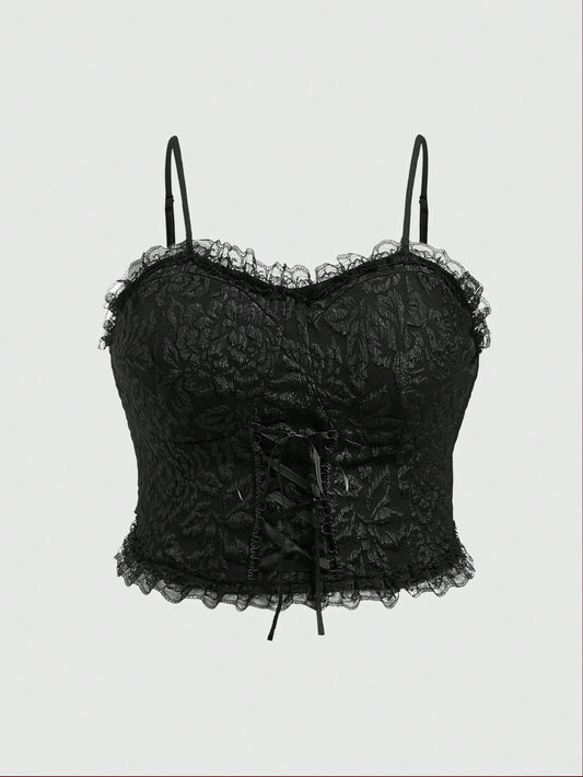 ROMWE Goth Camiseta Floral Jacquard Con Tirantes Cruzados Y Encaje De Gran Tamaño Y Estilo De Vacaciones