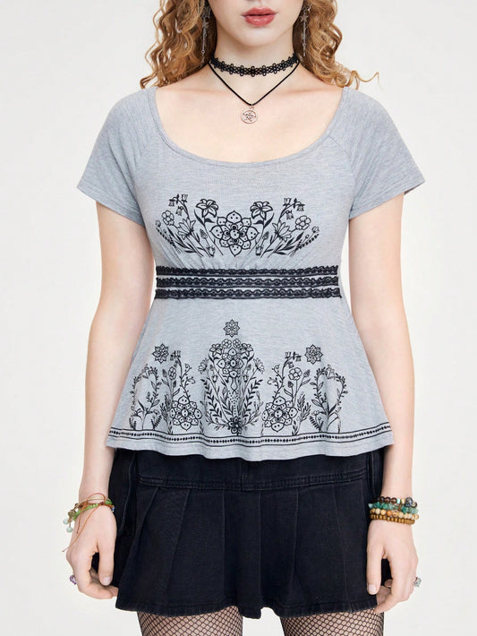 ROMWE Fairycore Camiseta Ajustada Con Encaje De Cintura Baja Sexy Para Mujeres Con Detalles De Flor, Estrás Y Hojas De Plantas