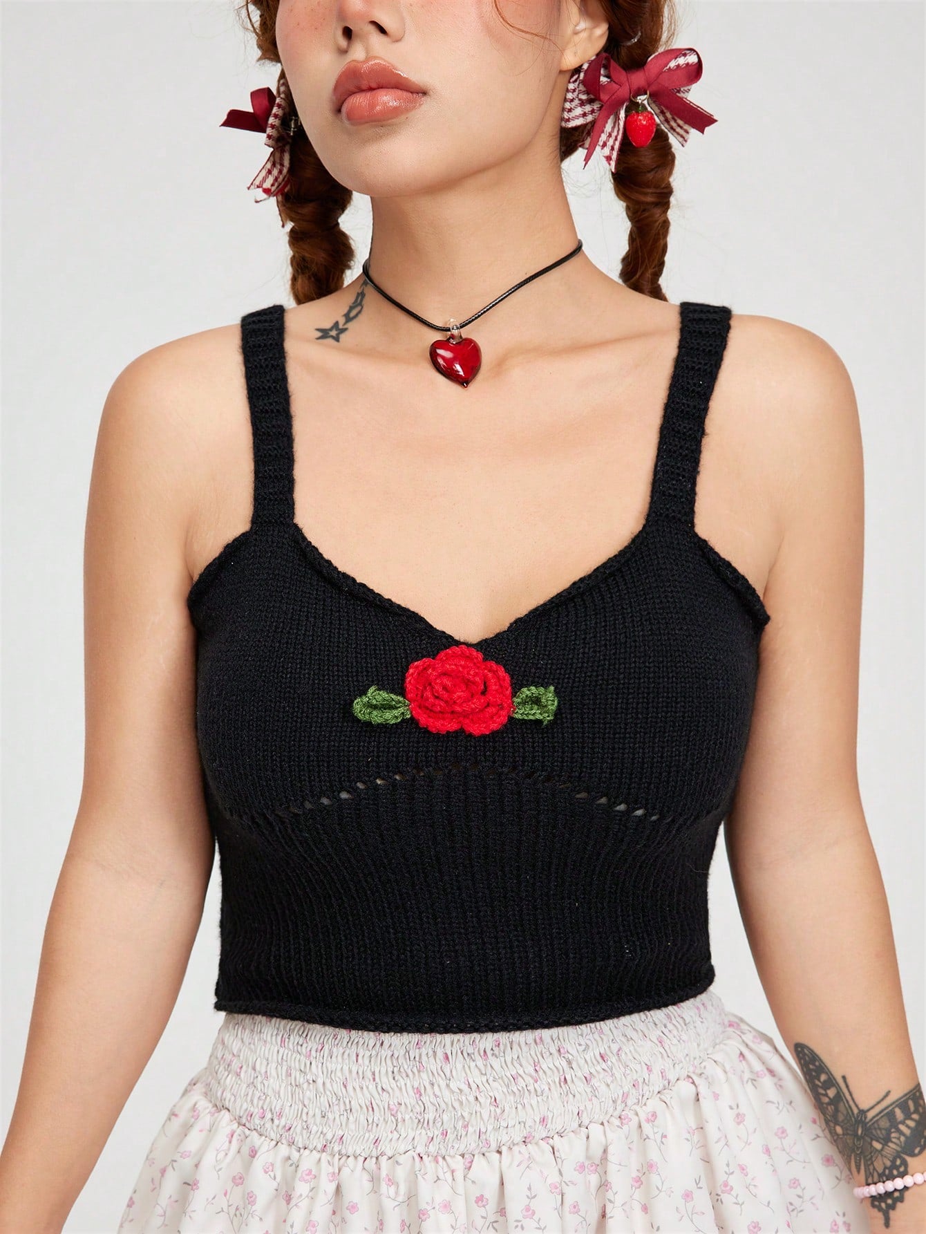 ROMWE Kawaii Top de punto de verano para mujer dulce y encantador decorado con rosas