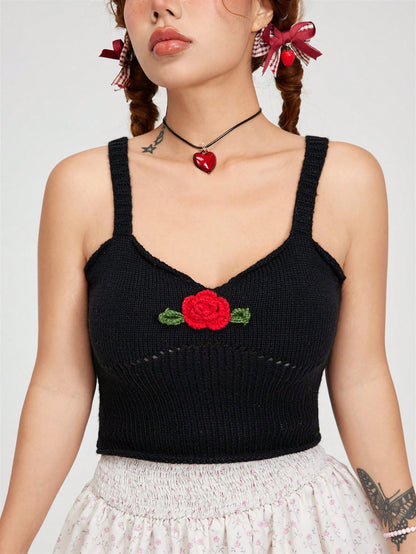 ROMWE Kawaii Top de punto de verano para mujer dulce y encantador decorado con rosas