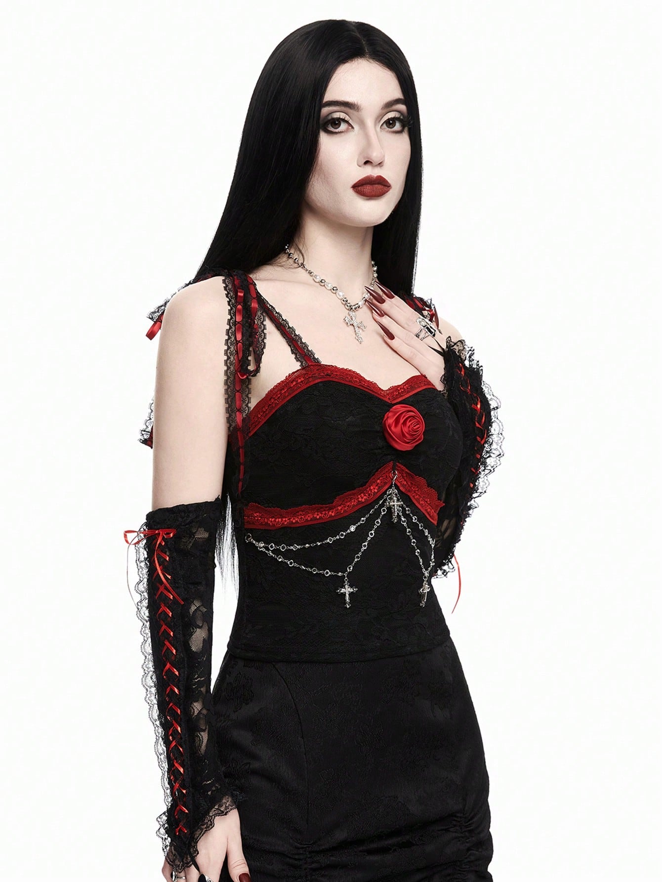 ROMWE Goth Top de encaje con cordones, decorado con una cruz gótica y flor en el pecho, para mujer, ideal para Navidad