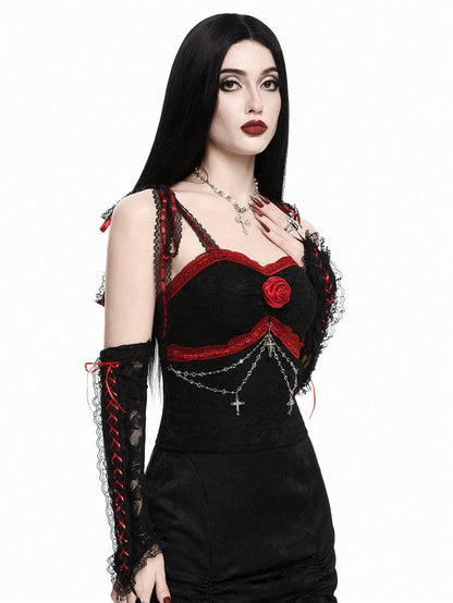 ROMWE Goth Top de encaje con cordones, decorado con una cruz gótica y flor en el pecho, para mujer, ideal para Navidad