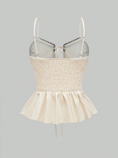 ROMWE Kawaii Top de encaje de verano con espalda de nadador, ribete de volantes y cintas delanteras para mujer