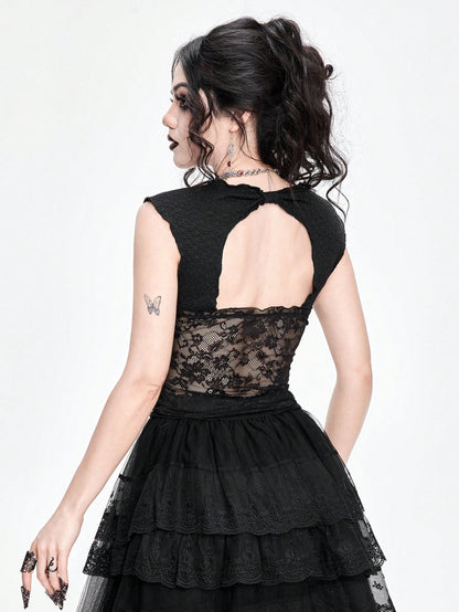 ROMWE Goth Top de tanque con adorno de colgante de diamante con corte bajo y ajuste delgado para mujer, con encaje empalmado y diseño hueco