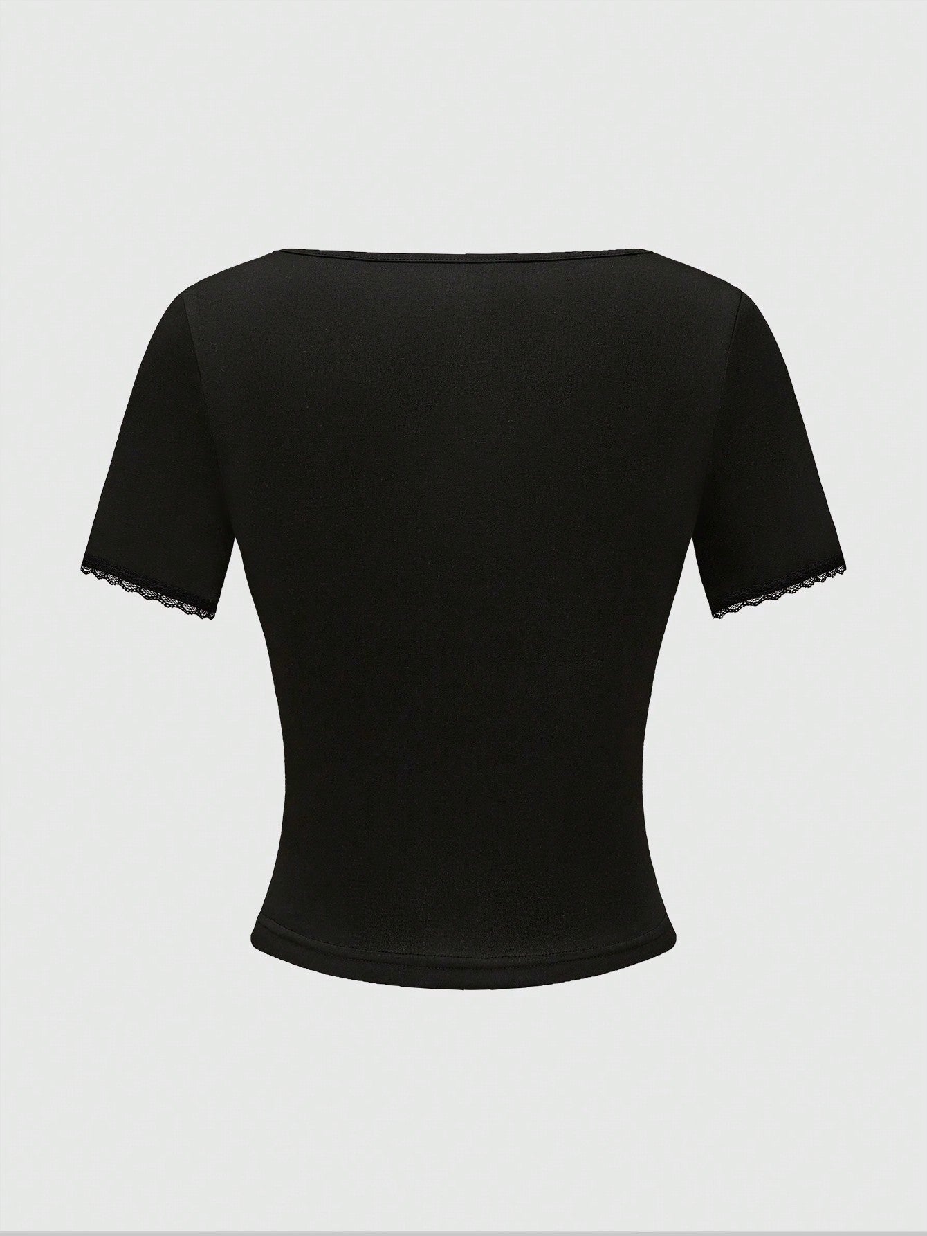 ROMWE Fairycore Camiseta entallada de manga corta para mujer con cuello cuadrado y parche de encaje bordado con cuentas de mariposa