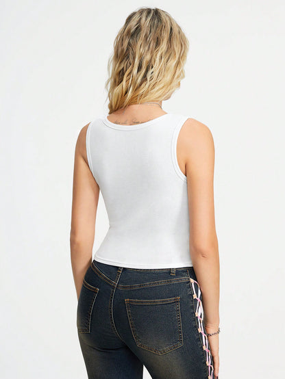 ROMWE J-Fashion Camiseta Sin Mangas Diaria Simple Estampada Para Mujer
