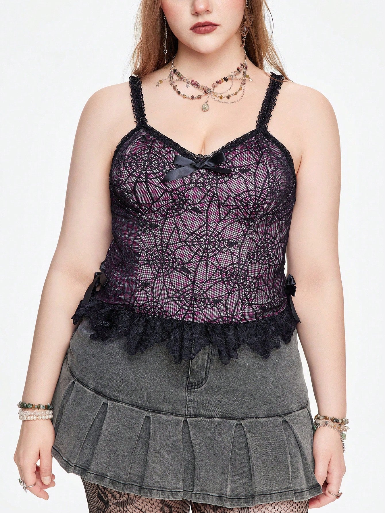 ROMWE Grunge Punk Top de camisola para mujer con encaje y dobladillo de volantes
