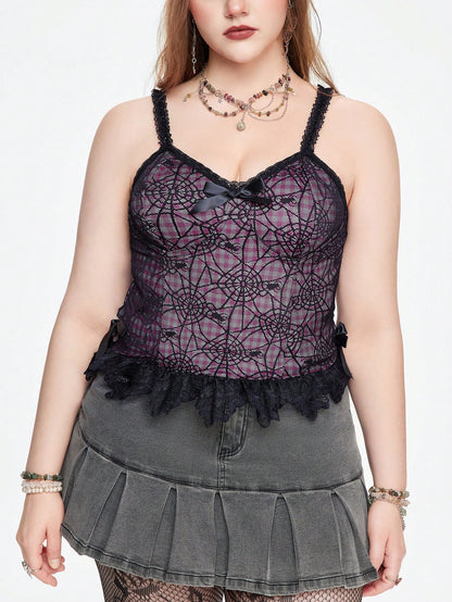 ROMWE Grunge Punk Top de camisola para mujer con encaje y dobladillo de volantes