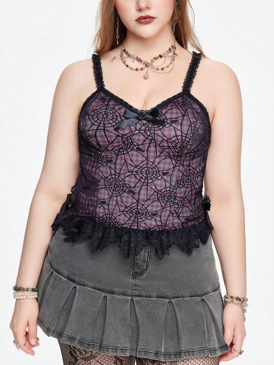 ROMWE Grunge Punk Top de camisola para mujer con encaje y dobladillo de volantes