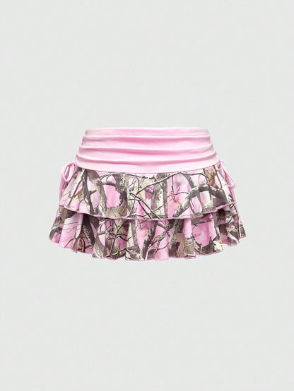 ROMWE Grunge Punk Minifalda sexy de cintura ultra baja con estampado de ramas de árboles en colores block para mujeres, inspirada en la subcultura Y2K