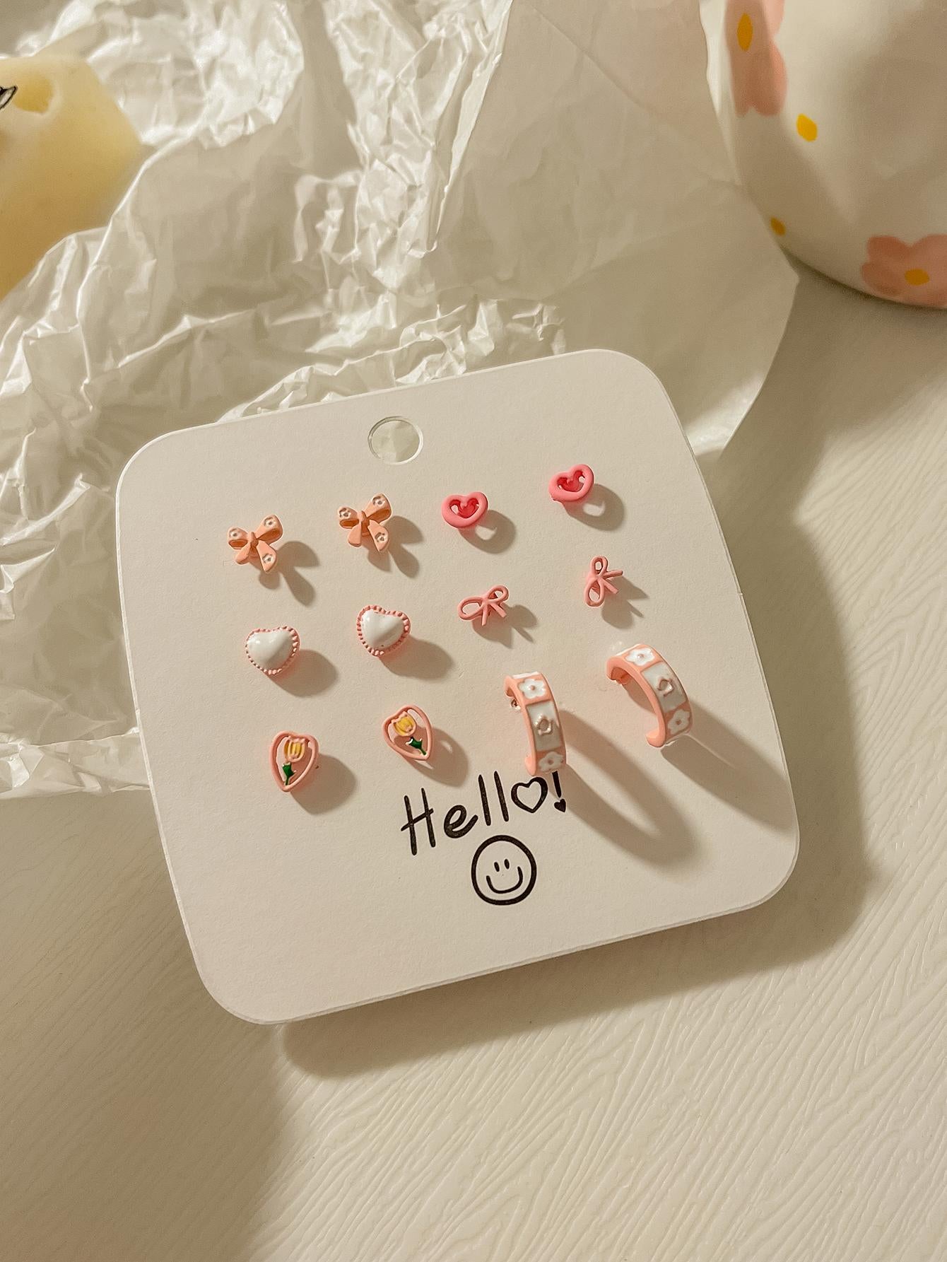 6 pares/set de pendientes con decoración de lazo y corazón