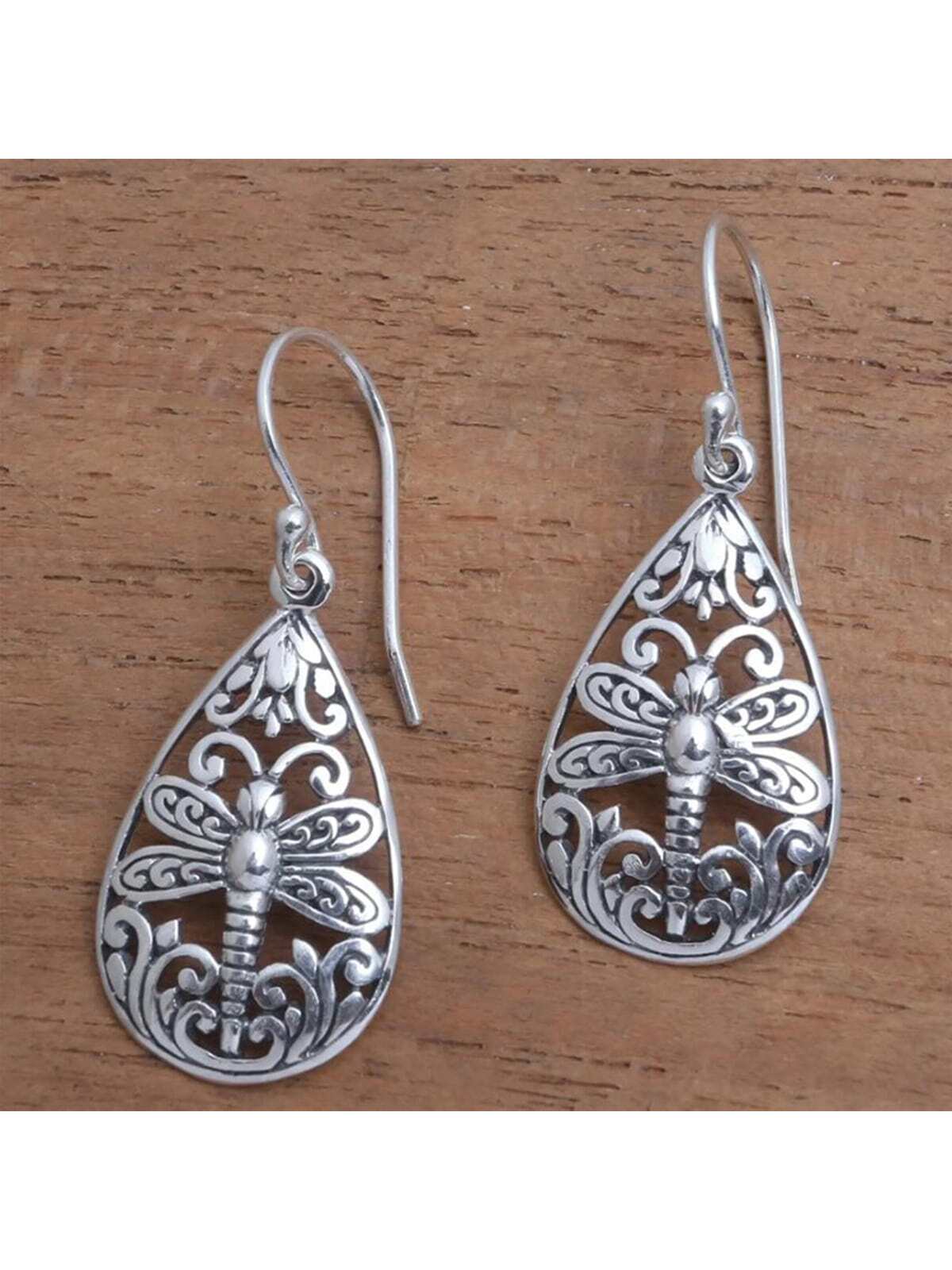 1 par Pendientes vintage de lágrima en forma de con abertura con diseño de libélula de moda