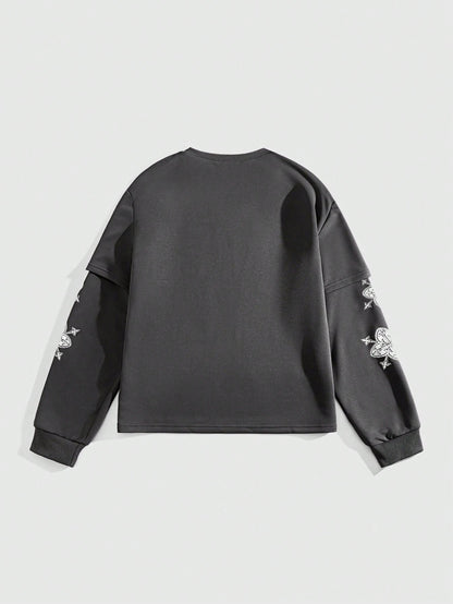 ROMWE Street Life Sudadera casual de cuello redondo con estampado de letras y flores, de manga larga, para hombre, para otoño