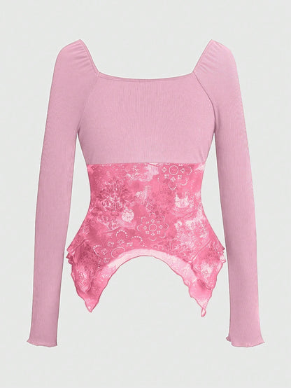 ROMWE Hippie 1 pieza Camiseta ajustada para mujer con estampado floral, volantes en el busto, hebilla y dobladillo asimétrico