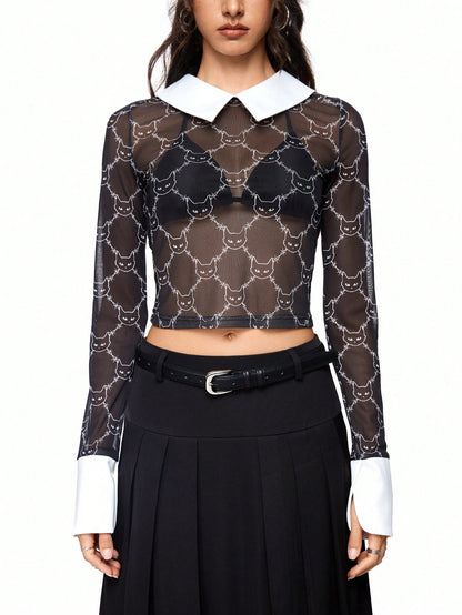 ROMWE Academia Blusa de mujer con cuello polo, bloques de color transparentes con estampado digital de cabeza de gato y espinas, uso escolar