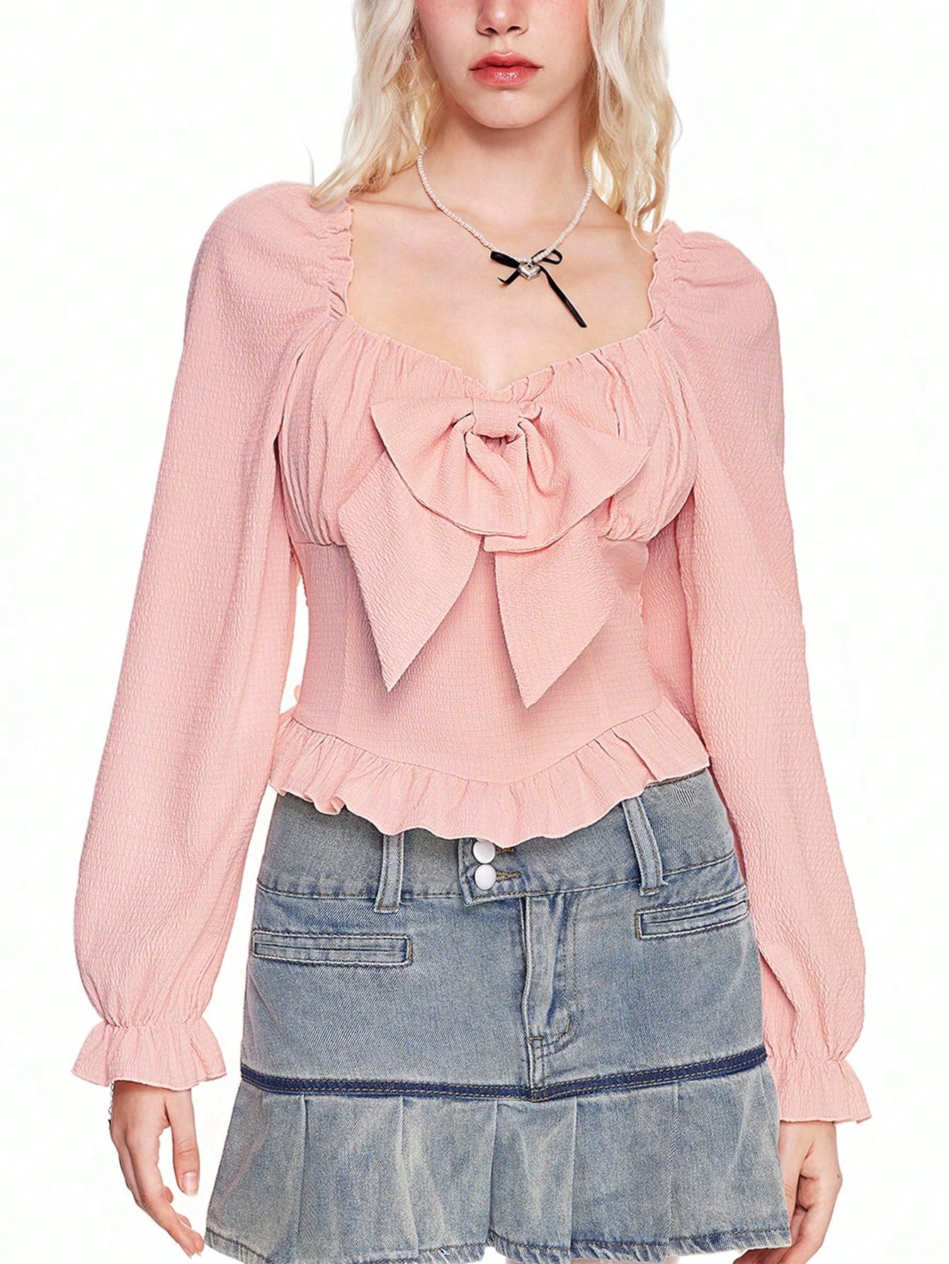 ROMWE Kawaii Blusa de mujer de manga larga con decoración de lazo y diseño de burbujas dulce y lindo