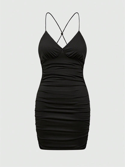 ROMWE Vestido de mujer sexy ajustado con pliegues, sin espalda y corbata de mariposa
