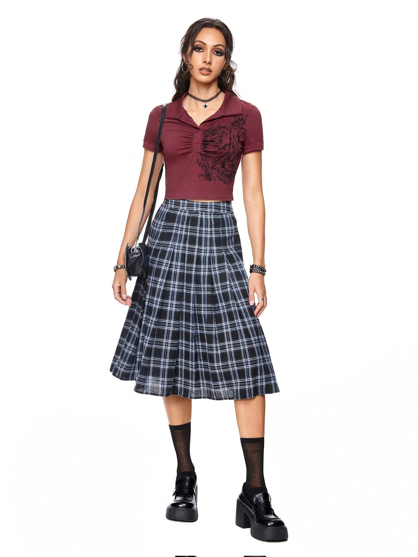 ROMWE Academia Camiseta universitaria de mujer con cuello polo, estilo vintage con estampado de elemento de ángel, escolar