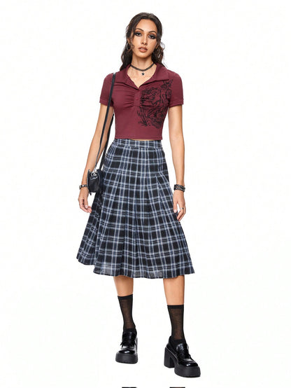 ROMWE Academia Camiseta universitaria de mujer con cuello polo, estilo vintage con estampado de elemento de ángel, escolar