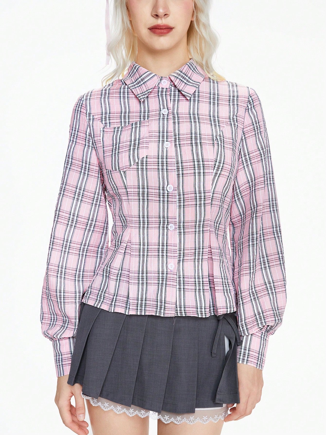 ROMWE Kawaii Blusa ajustada de tartán rosa lindo para damas