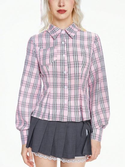 ROMWE Kawaii Blusa ajustada de tartán rosa lindo para damas