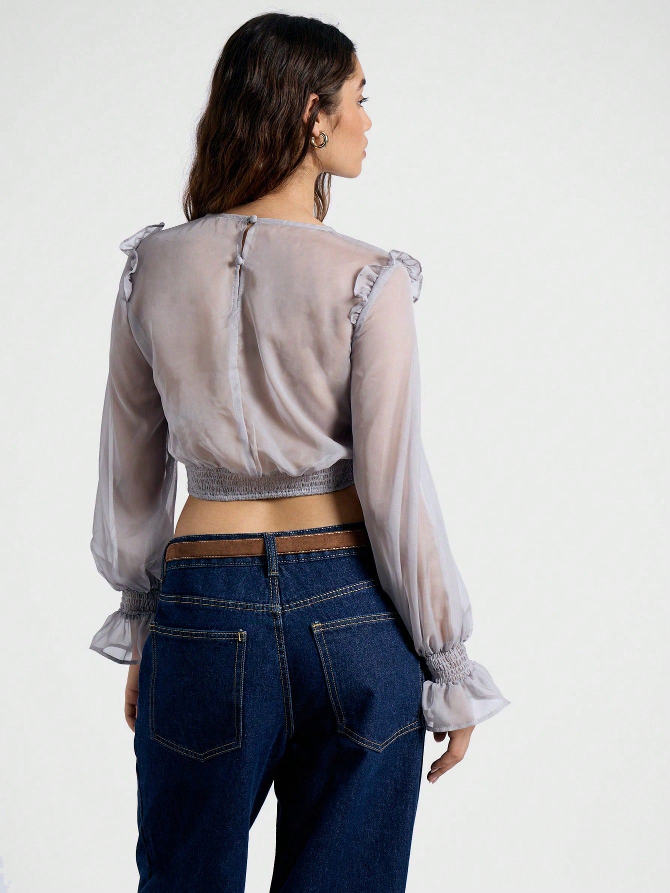 AiiRZ Blusa corta con mangas globo con volantes y transparencia
