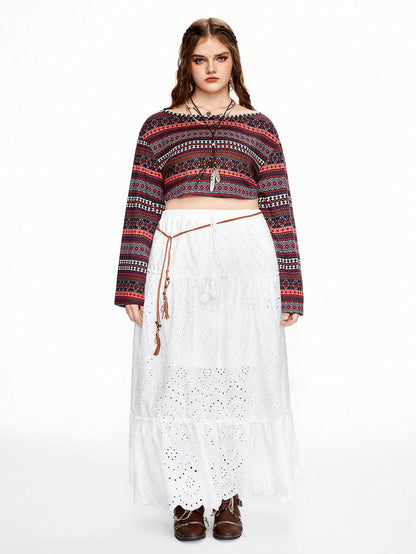 ROMWE Hippie Camiseta de rayas bohemias de talla grande con cuello de barco, manga ancha acampanada y longitud recortada, ideal para vacaciones
