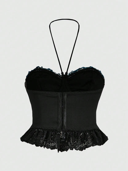 ROMWE Goth Top De Cuello Halter Para Mujer Con Diseño Sexy De Serpiente, Flores Y Encajes Para Vacaciones