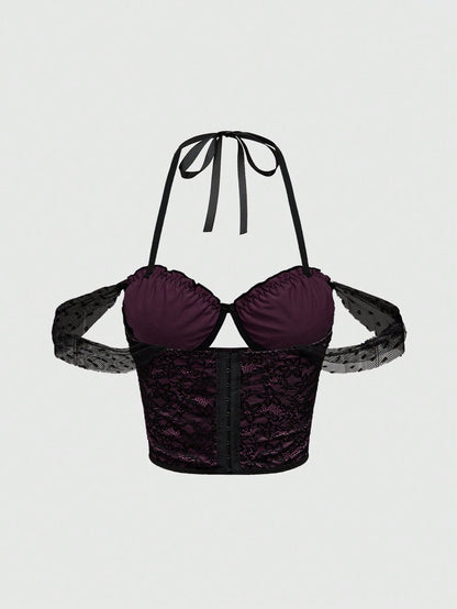 ROMWE Grunge Punk Parte superior gráfica de mujer con escote halter de encaje morado calado y sexy