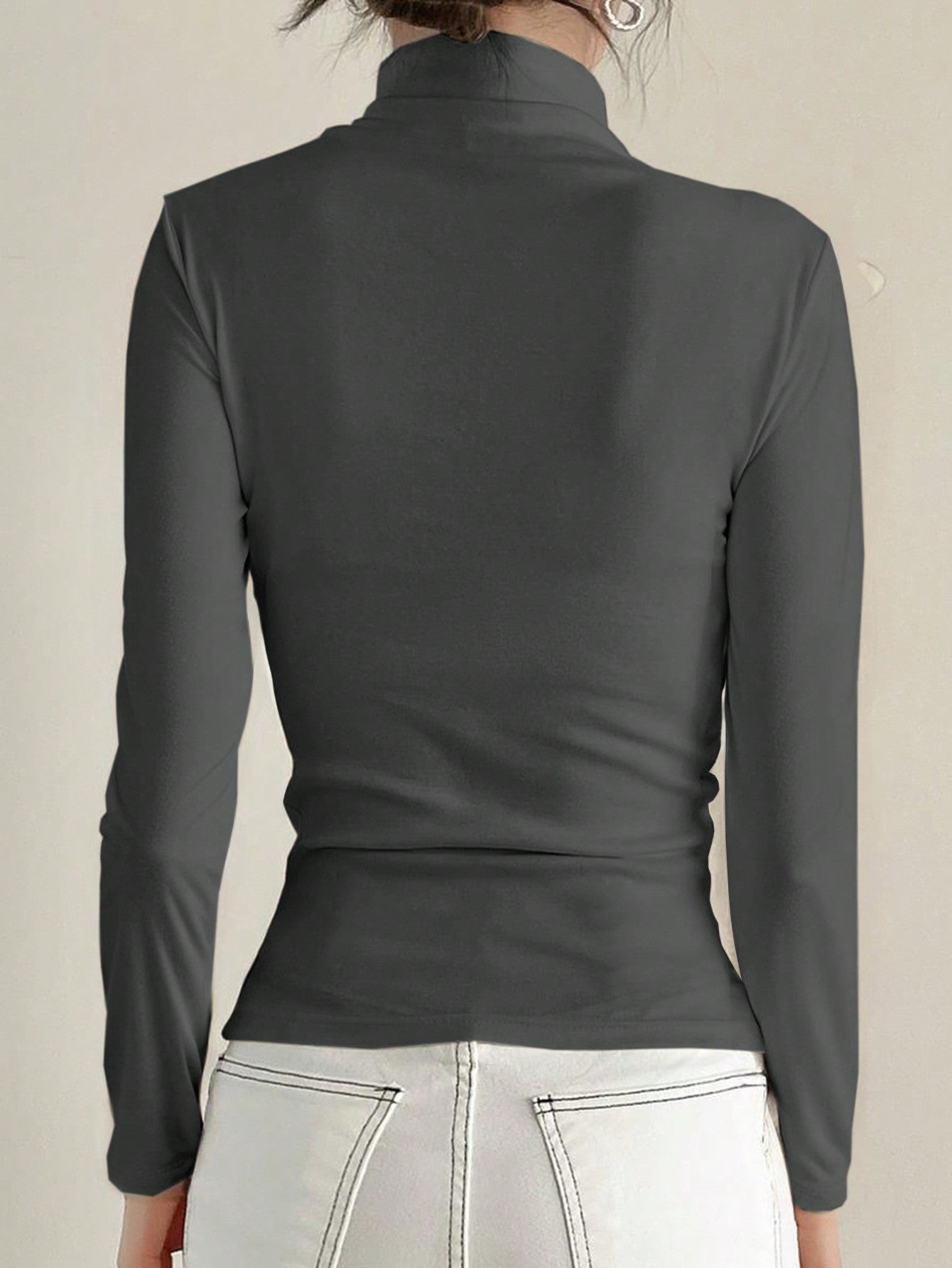 DAZY Camiseta interior de cuello alto de manga larga con ajuste ceñido para mujer, color gris profundo, apta para primavera/verano/otoño