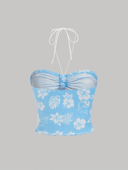 SHEIN MOD Top de tanque sin mangas con cuello halter, cordón y estampado floral para mujer en el verano