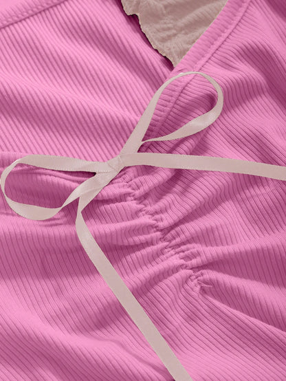 DAZY Camiseta de manga larga con cuello halter, ajustada, con pliegues y lazo de corbata para mujeres