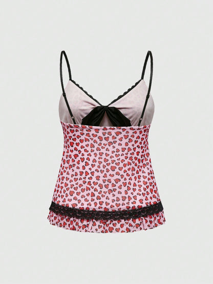 ROMWE J-Fashion Camiseta de tirantes con lazo y estampado de leopardo para mujer, perfecto para el Día de San Valentín