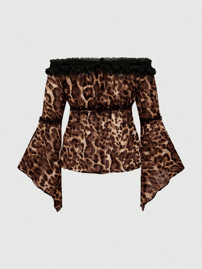 ROMWE Hippie Blusa de mujer de manga de campana asimétrica con hombros descubiertos, de gasa con estampado metálico de leopardo y malla