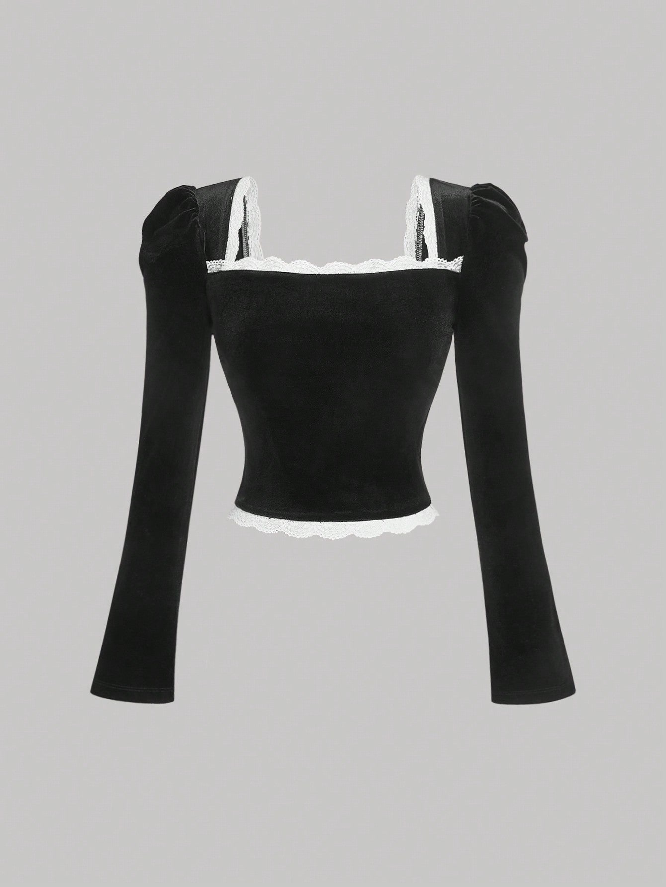 SHEIN MOD Camiseta de manga larga con cuello cuadrado de terciopelo negro para mujer, camiseta de invierno, camiseta "Old Money", estilo "Old Money" para mujer, atuendos de rave de festival, top de cuello cuadrado