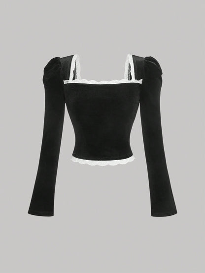 SHEIN MOD Camiseta de manga larga con cuello cuadrado de terciopelo negro para mujer, camiseta de invierno, camiseta "Old Money", estilo "Old Money" para mujer, atuendos de rave de festival, top de cuello cuadrado