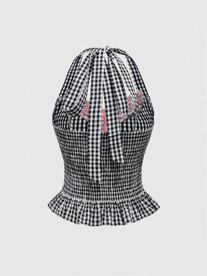 ROMWE Kawaii Top de mujer de 2 en 1 con cuello halter y decoración de lazo, lindo y dulce