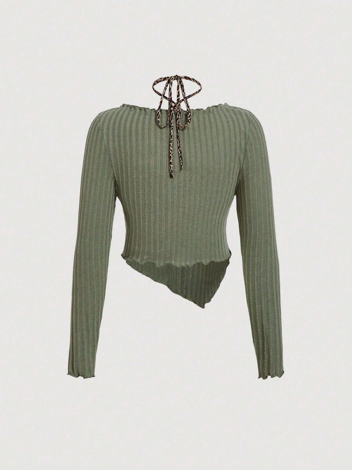 SHEIN MOD Camiseta verde de manga larga con cuello cuadrado vintage, con parches de estampado de leopardo y bajo asimétrico para talla grande