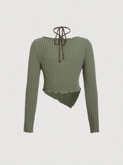 SHEIN MOD Camiseta verde de manga larga con cuello cuadrado vintage, con parches de estampado de leopardo y bajo asimétrico para talla grande