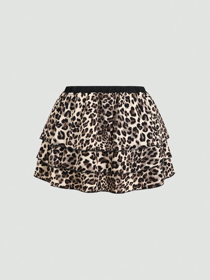 EgrlEra Falda en línea A con varios pliegues, de cintura baja, con estampado de leopardo, y un lazo decorativo en contraste de color negro para mujeres