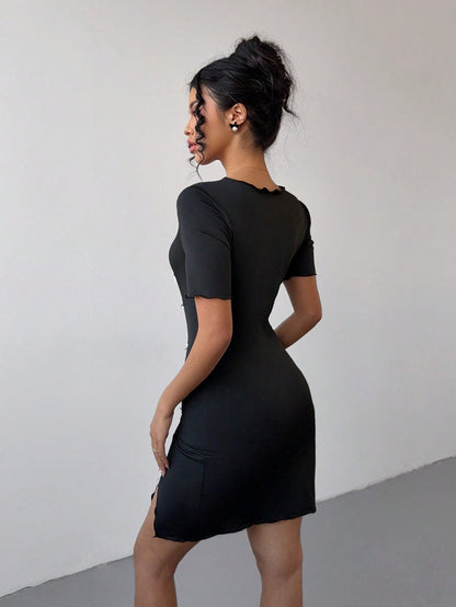 Rafferiza Vestido entallado de mujer de color negro sólido con lazo en la cintura