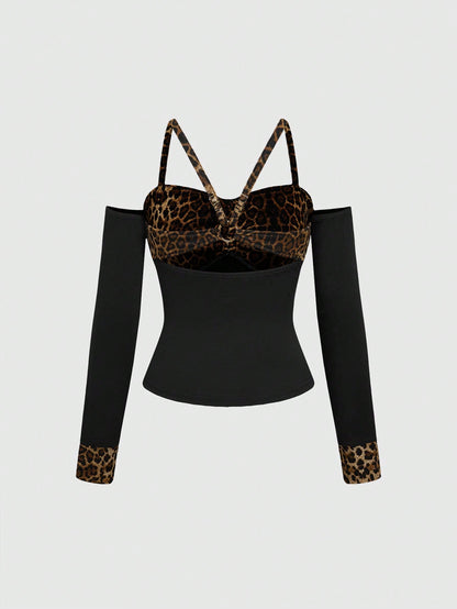 ROMWE Grunge Punk Top corto con espalda descubierta, puños y estampado de leopardo en patchwork con estilo Y2K Gyaru