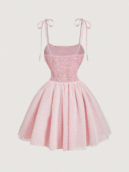 SHEIN MOD Vestido elegante rosa con lazo en la parte delantera y borde de malla, vestido de fiesta, atuendo de Año Nuevo, vestido de San Valentín, vestido de corsé con lazo, atuendos de festival