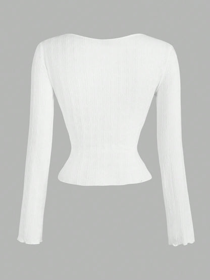 SHEIN MOD Camisetas slim fit para mujer con mangas largas y decoración de lazo de encaje de contraste